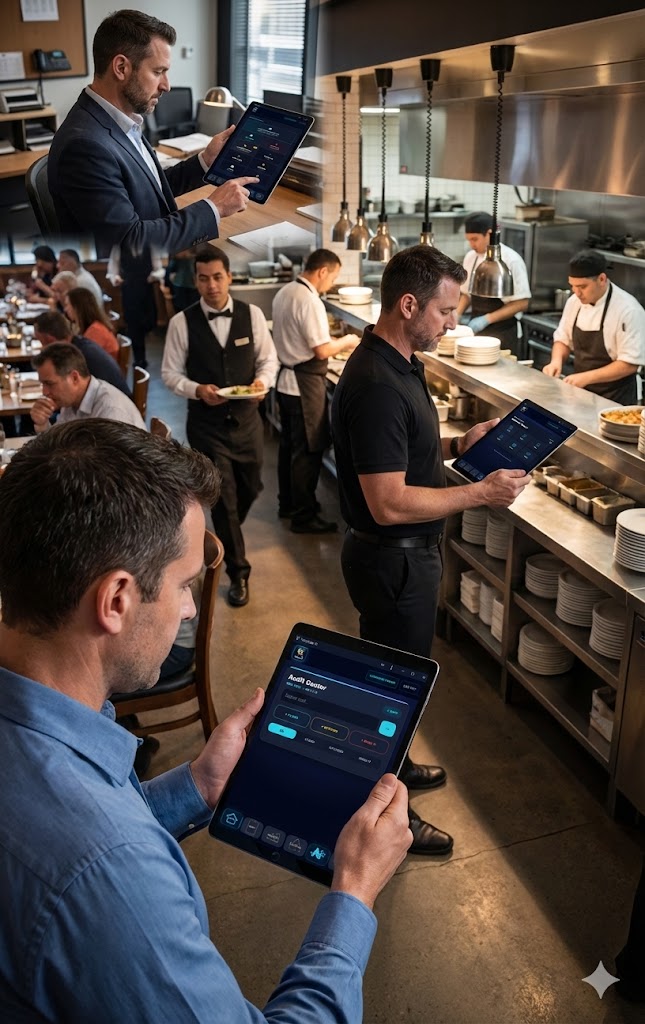 Restaurant team using tablets across kitchen and dining room