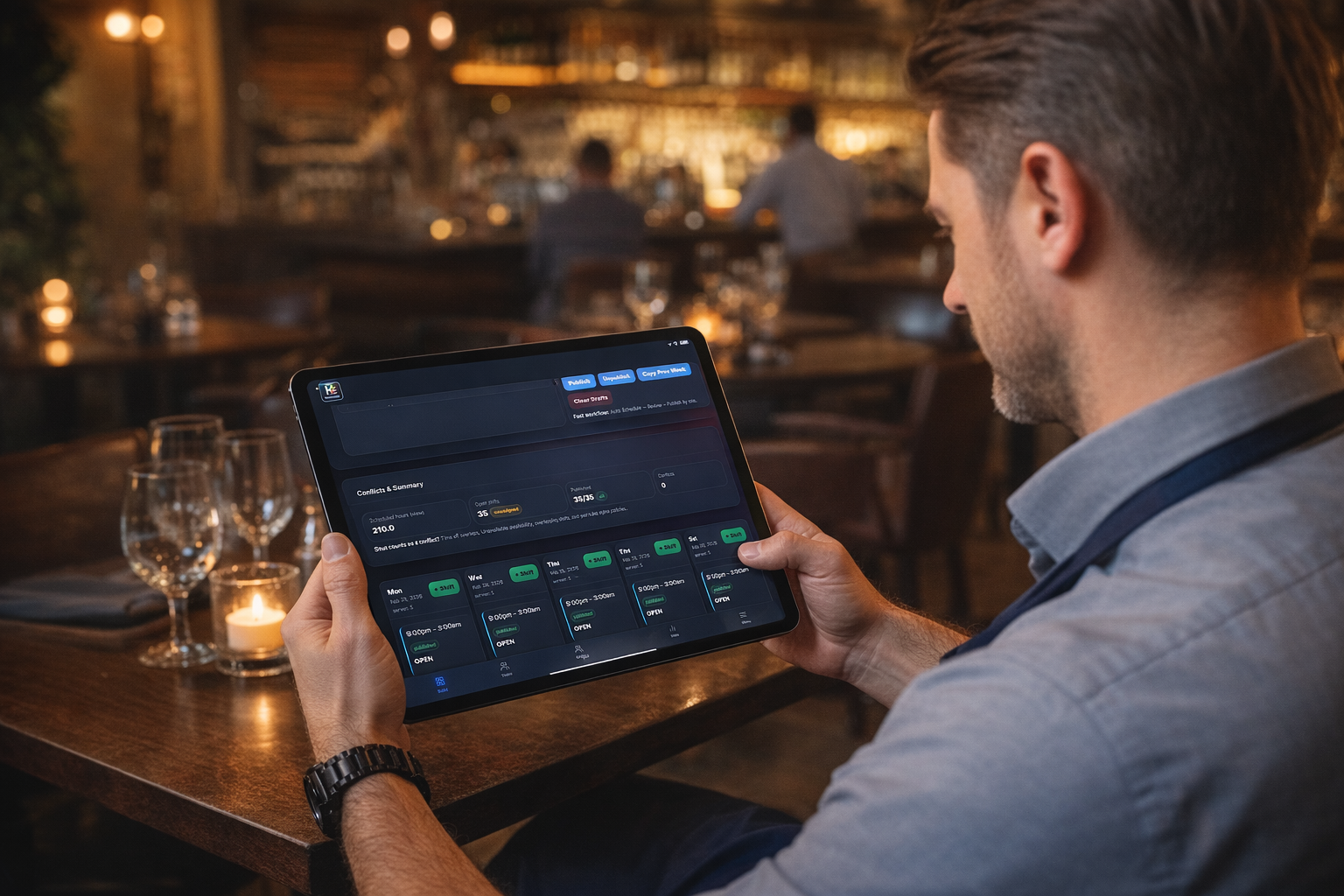 Restaurant weekly planner on a tablet