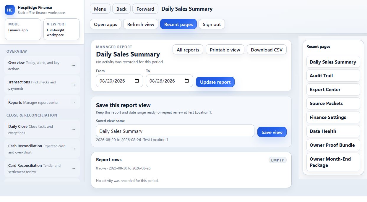 HE Finance Daily Sales Summary with date filters, printable view, CSV download and saved report controls