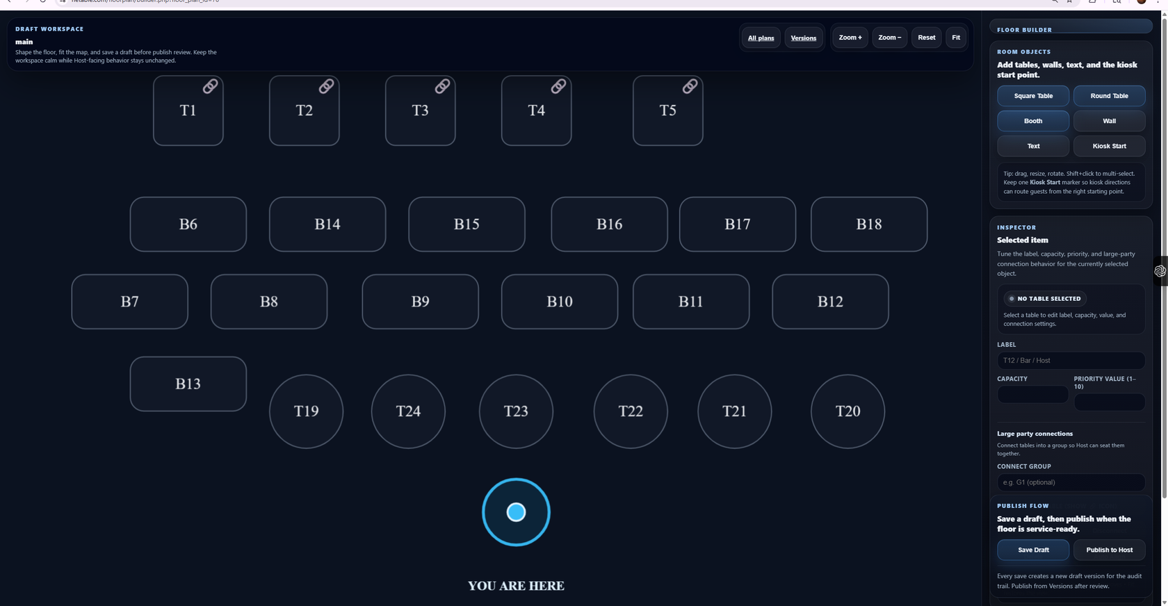 HETable host stand dashboard with live floor map