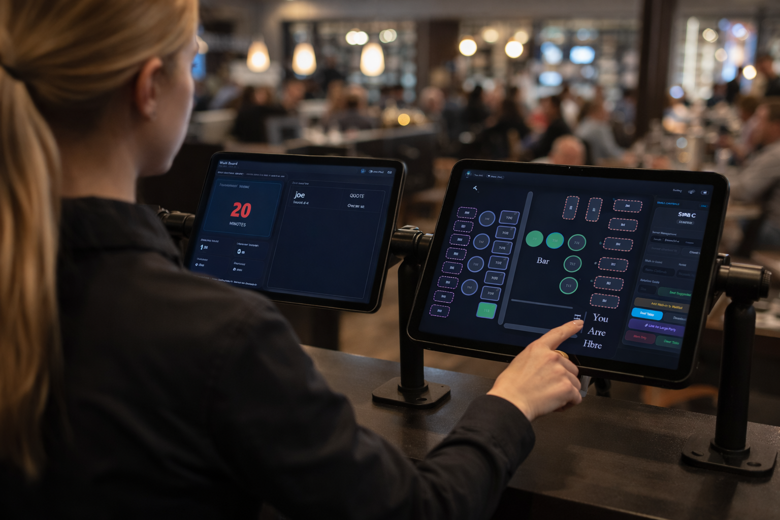 Host stand dual-screen floor map view for table management