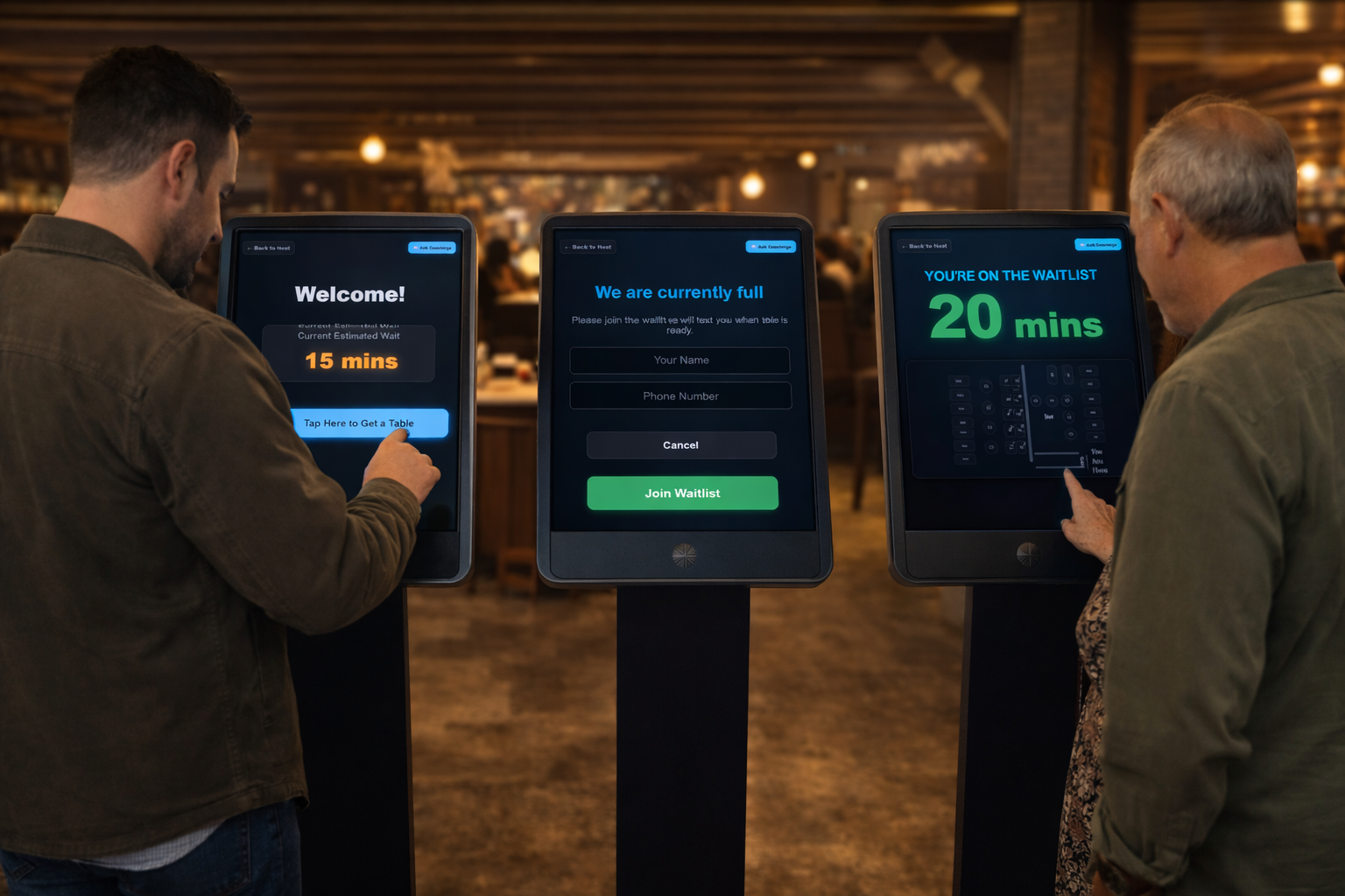 Restaurant self-service waitlist kiosks