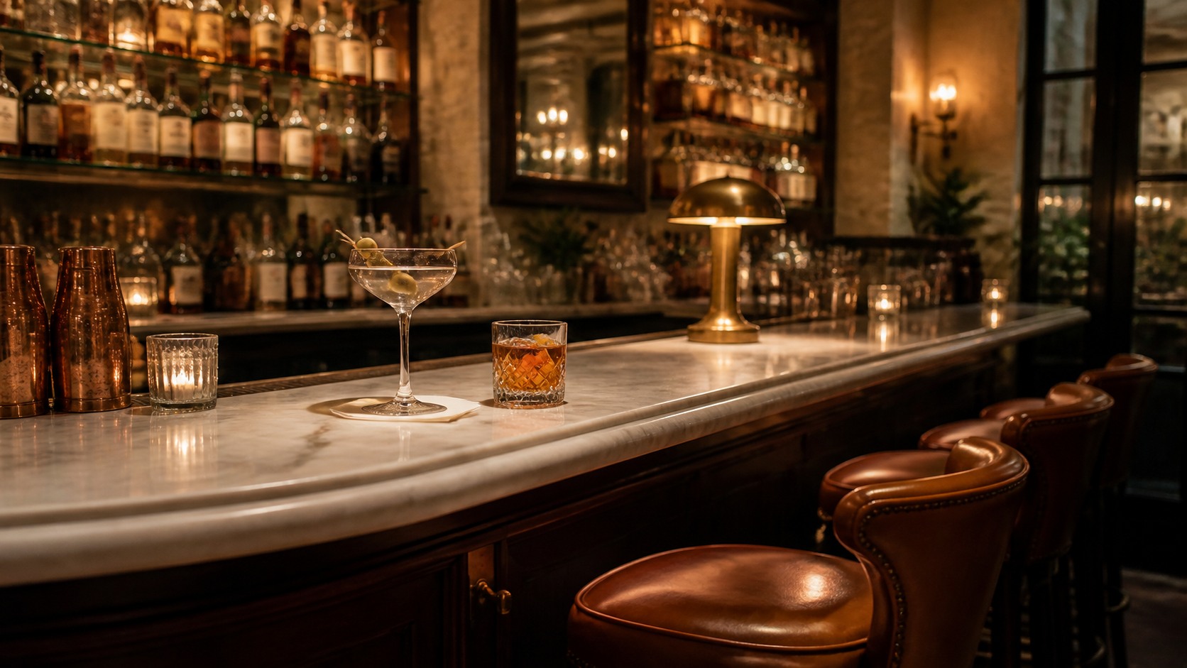 Bestow Bistro cocktail bar with stone counter — AI-generated fictional demo image.