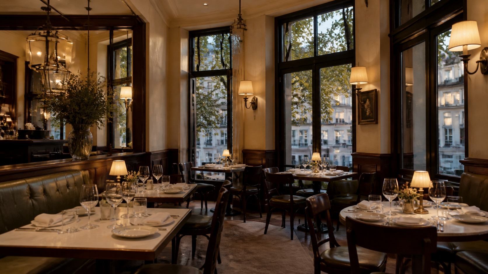 Bestow Bistro dining room with warm brass lighting — AI-generated fictional demo image.