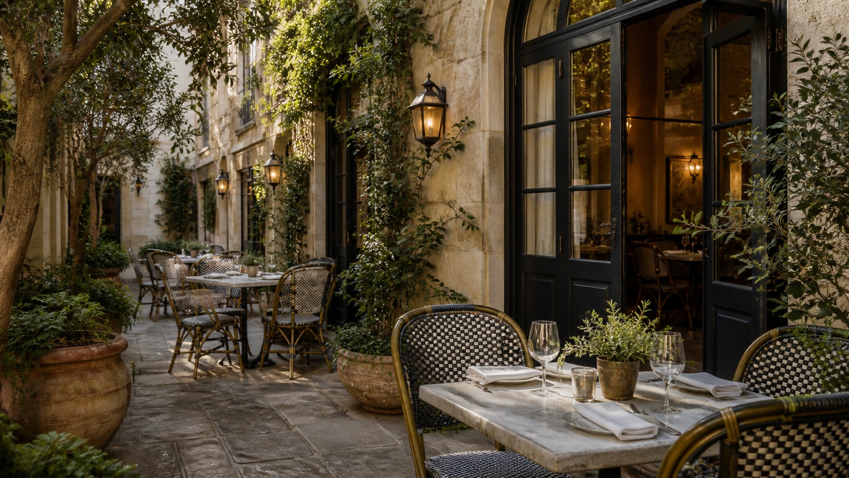 Bestow Bistro garden patio with outdoor seating — AI-generated fictional demo image.