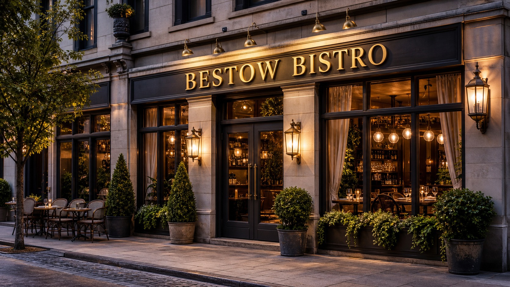 Bestow Bistro exterior with illuminated sign — AI-generated fictional demo image.